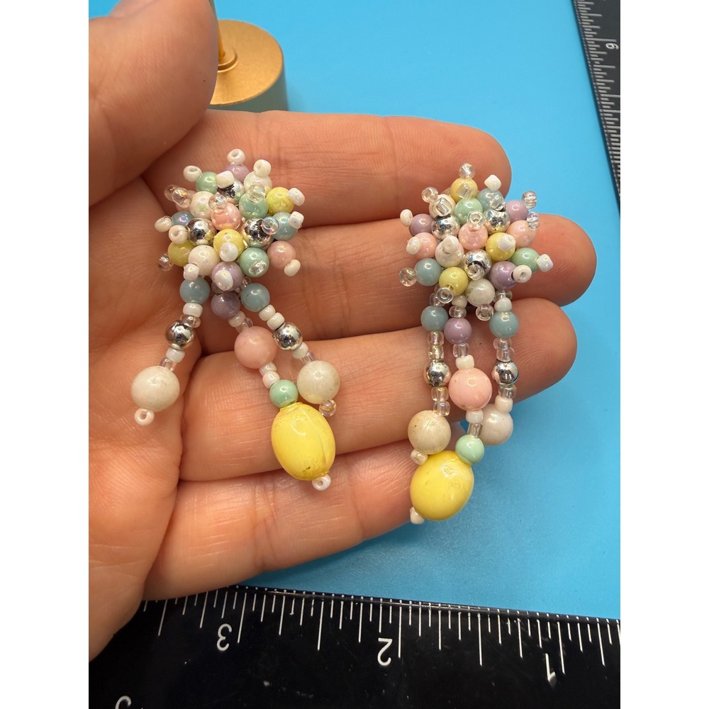 Vintage Pastel Beaded Cluster Dangle Clip‎ On Earrings Multi Strand Mid Century